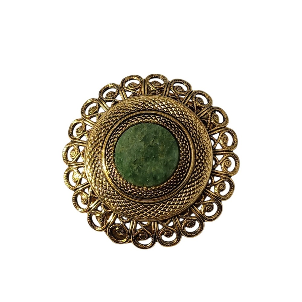 Vintage‎ Signed Lieba USA Gold Tone Filigree Jade Green Colored Stone Scarf Clip